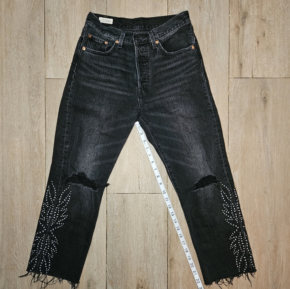 Levi's 501xx Black Jeans, 25x26 Embroidered, Distressed, Capital E Red Tag
